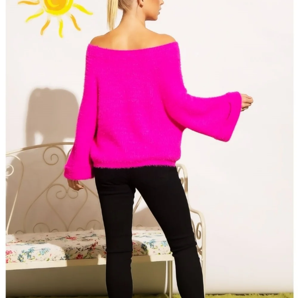 ⭐️Sale!⭐️ SEXY, CHIC & FABULOUS FUCHSIA OFF SHOULDER FURRY WIDE SLEEVES SWEATER - Picture 7 of 7